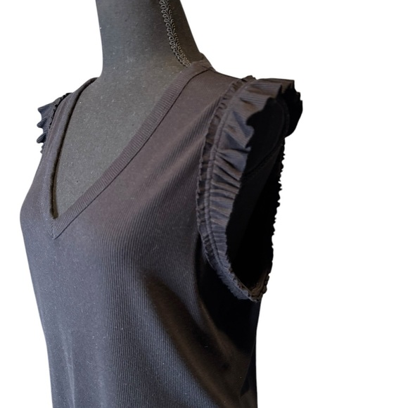 Nine West Black Ruffle Sleeve Tank Top | XL | Stretch Ribbed Knit V-Neck Blouse - Picture 2 of 6